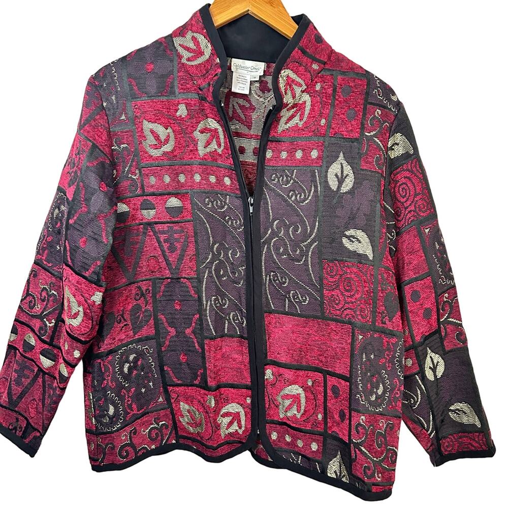 Coldwater Creek Embroidered Patchwork Jacket M Red Black Purple Coat Women's